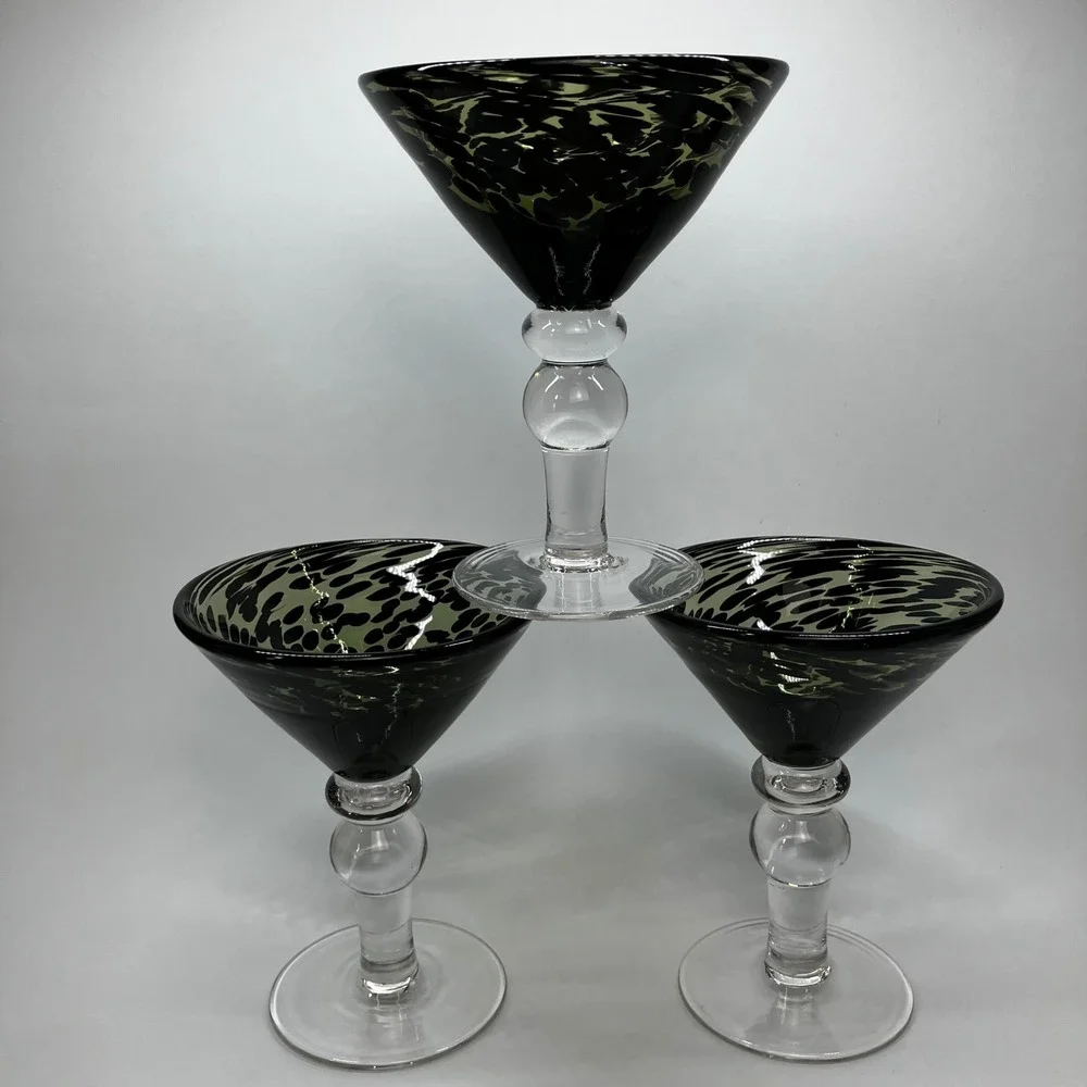 Pier 1 Hand Blown Martini Glasses Green Black Swirl Leopard Tortoise Set of 3